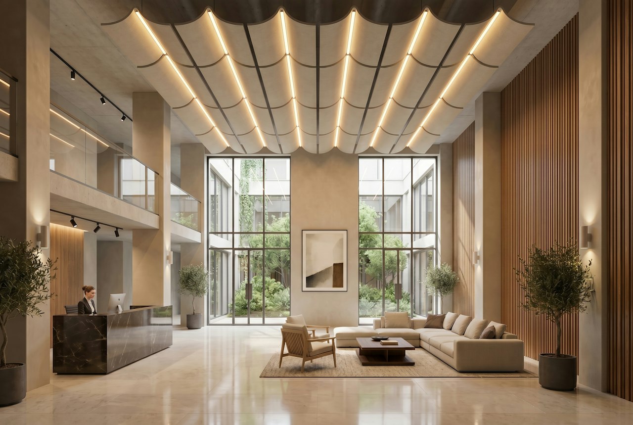 BuzziTent Light covering the ceiling of a lobby